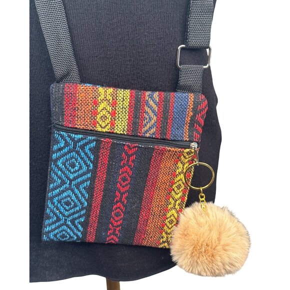 2/$30 Small Crossbody Bag Multicolor Stripes Adjustable Camel Mink Pom Pom - Picture 3 of 8